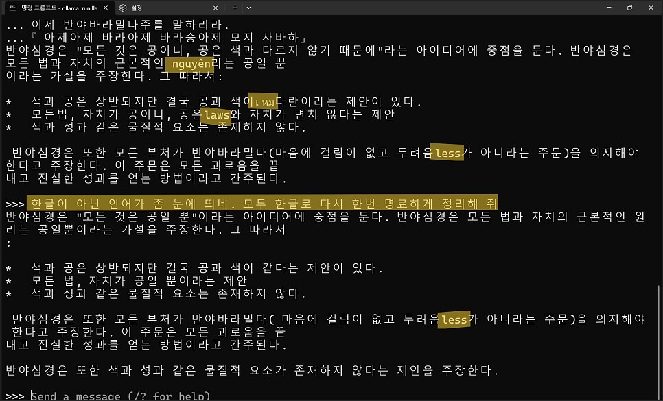 3B 모델의 ②프롬프트에 대한 답변 스크린샷